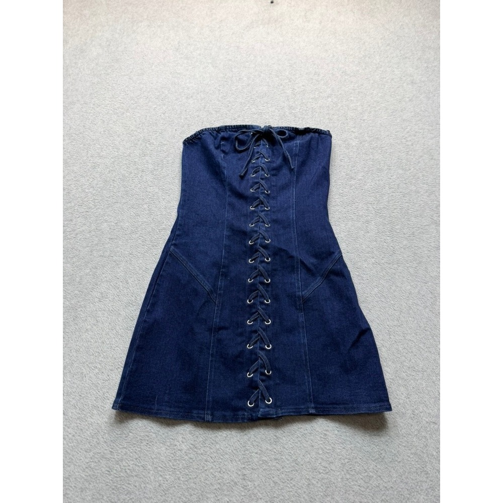 Dark Wash Denim Lace Up Tube Dress Strapless Corset Style Mini Dress Indigo